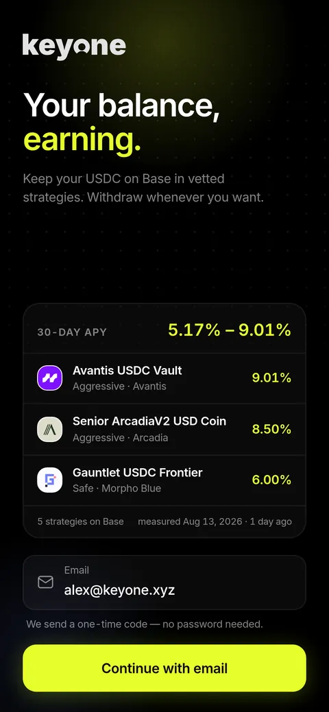 Sign-in screen: three strategies with the yield each returned over 30 days, the protocol behind each and the day it was measured