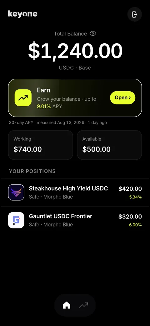 Home screen: the total balance, how much of it is working, how much is free, and the open positions underneath