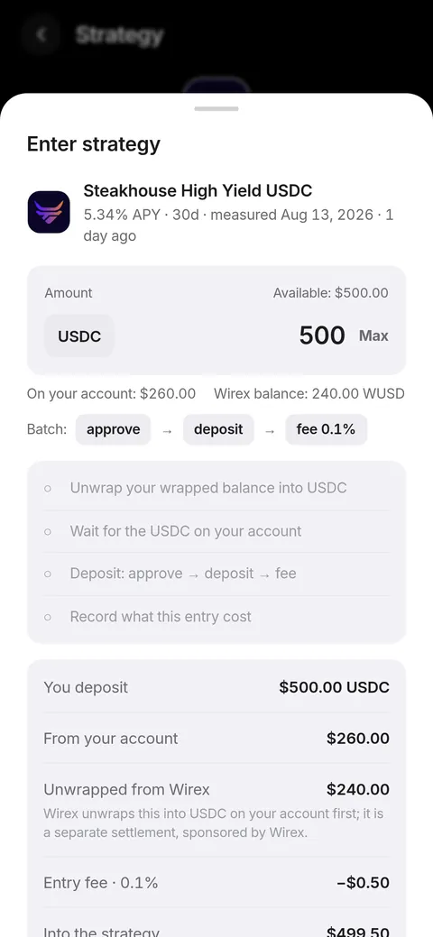The Enter strategy sheet: the amount, where the money comes from, and the batch it will send
